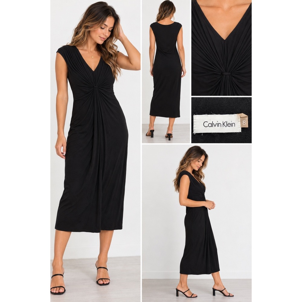 Calvin Klein Black Knot Front Pleated V-Neck Sleeveless Midi Dress Size 8